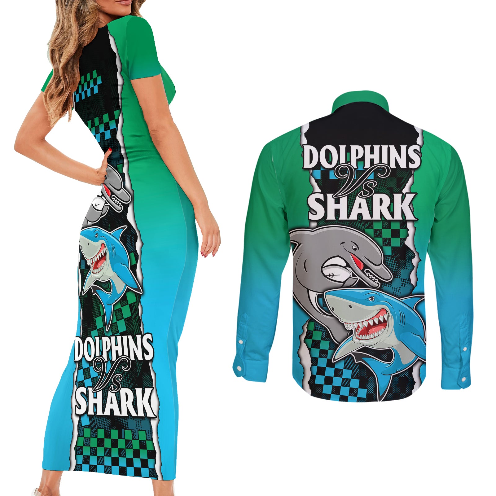 nrl-combine-rabbitohs-and-shark-couples-matching-short-sleeve-bodycon-dress-and-long-sleeve-button-shirts-sporty-style