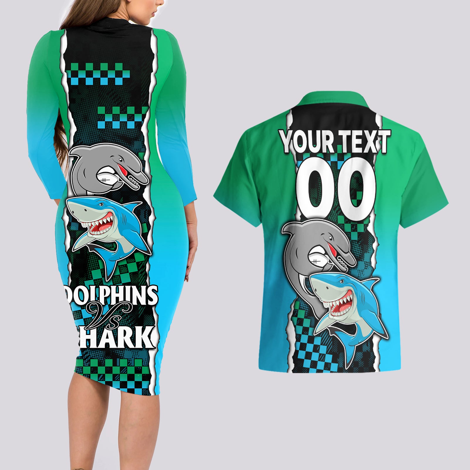 custom-nrl-combine-rabbitohs-and-shark-couples-matching-long-sleeve-bodycon-dress-and-hawaiian-shirt-sporty-style