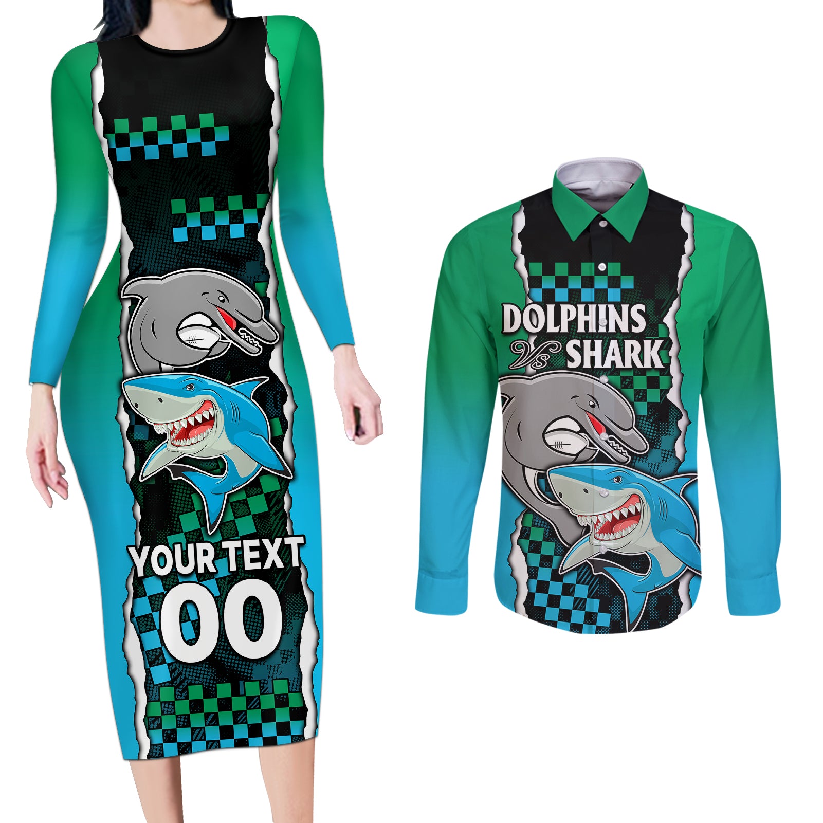 custom-nrl-combine-rabbitohs-and-shark-couples-matching-long-sleeve-bodycon-dress-and-long-sleeve-button-shirts-sporty-style