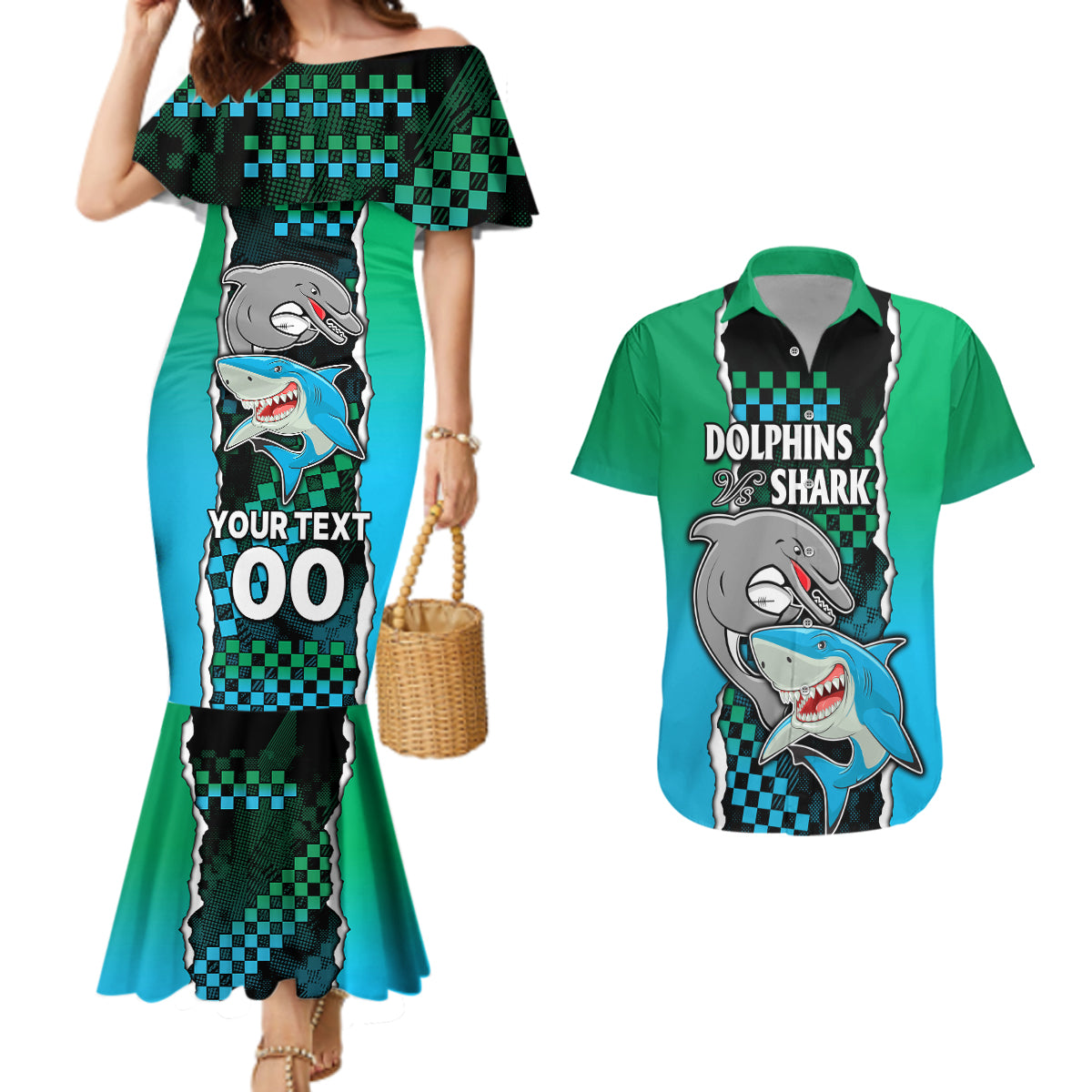 custom-nrl-combine-rabbitohs-and-shark-couples-matching-mermaid-dress-and-hawaiian-shirt-sporty-style