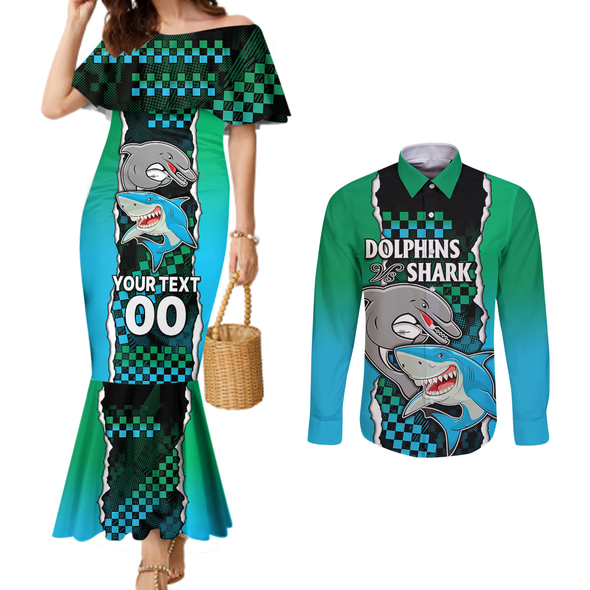 custom-nrl-combine-rabbitohs-and-shark-couples-matching-mermaid-dress-and-long-sleeve-button-shirts-sporty-style
