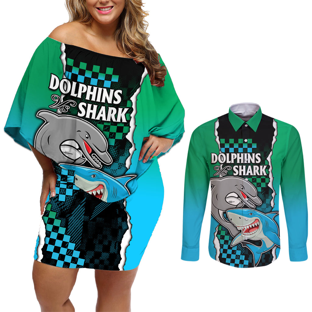custom-nrl-combine-rabbitohs-and-shark-couples-matching-off-shoulder-short-dress-and-long-sleeve-button-shirts-sporty-style
