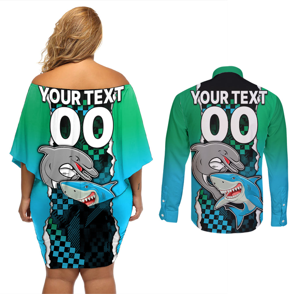 custom-nrl-combine-rabbitohs-and-shark-couples-matching-off-shoulder-short-dress-and-long-sleeve-button-shirts-sporty-style