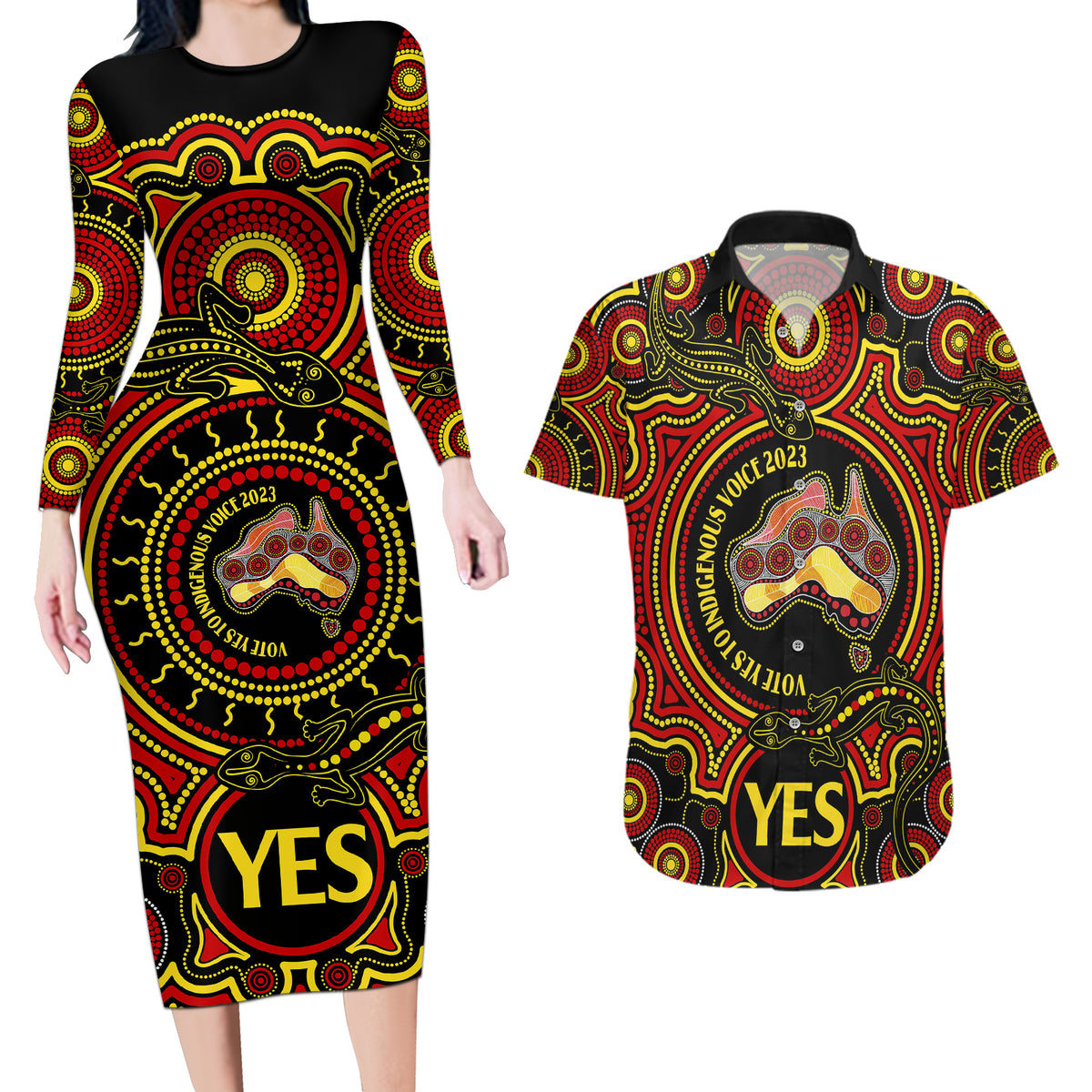 australia-vote-yes-couples-matching-long-sleeve-bodycon-dress-and-hawaiian-shirt-indigenous-voice-2023-maps-to-parliament-australia