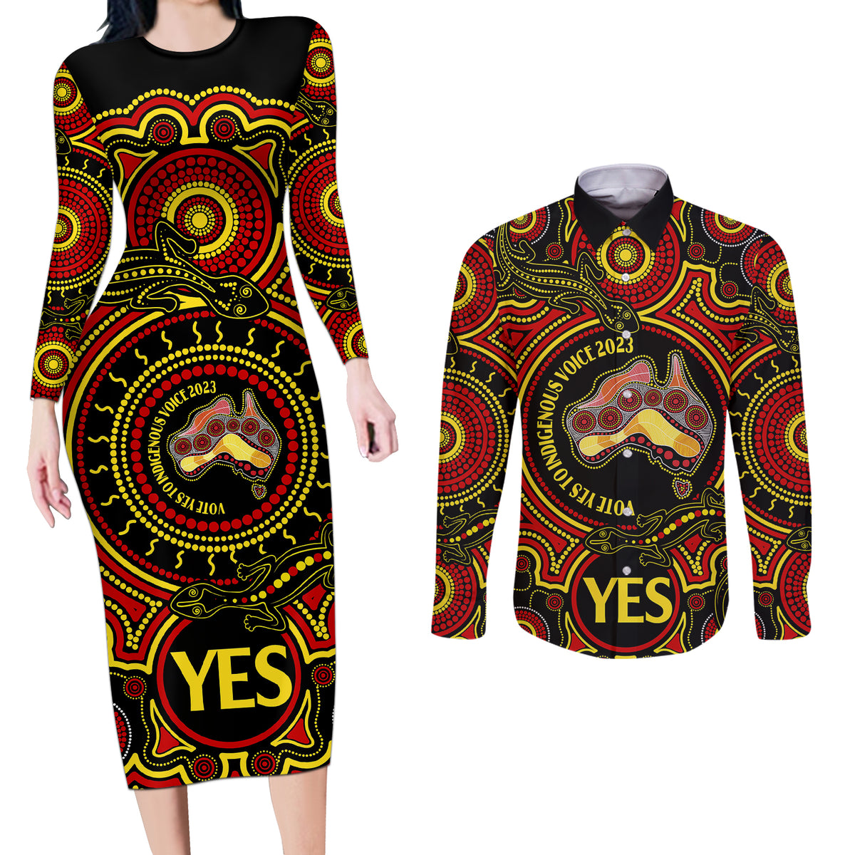 australia-vote-yes-couples-matching-long-sleeve-bodycon-dress-and-long-sleeve-button-shirts-indigenous-voice-2023-maps-to-parliament-australia