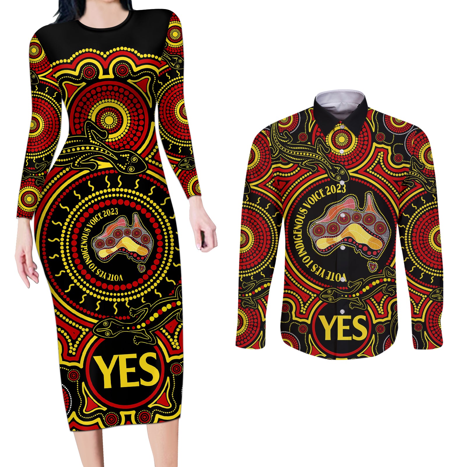 australia-vote-yes-couples-matching-long-sleeve-bodycon-dress-and-long-sleeve-button-shirts-indigenous-voice-2023-maps-to-parliament-australia