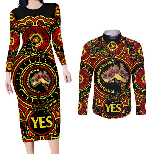 australia-vote-yes-couples-matching-long-sleeve-bodycon-dress-and-long-sleeve-button-shirts-indigenous-voice-2023-maps-to-parliament-australia