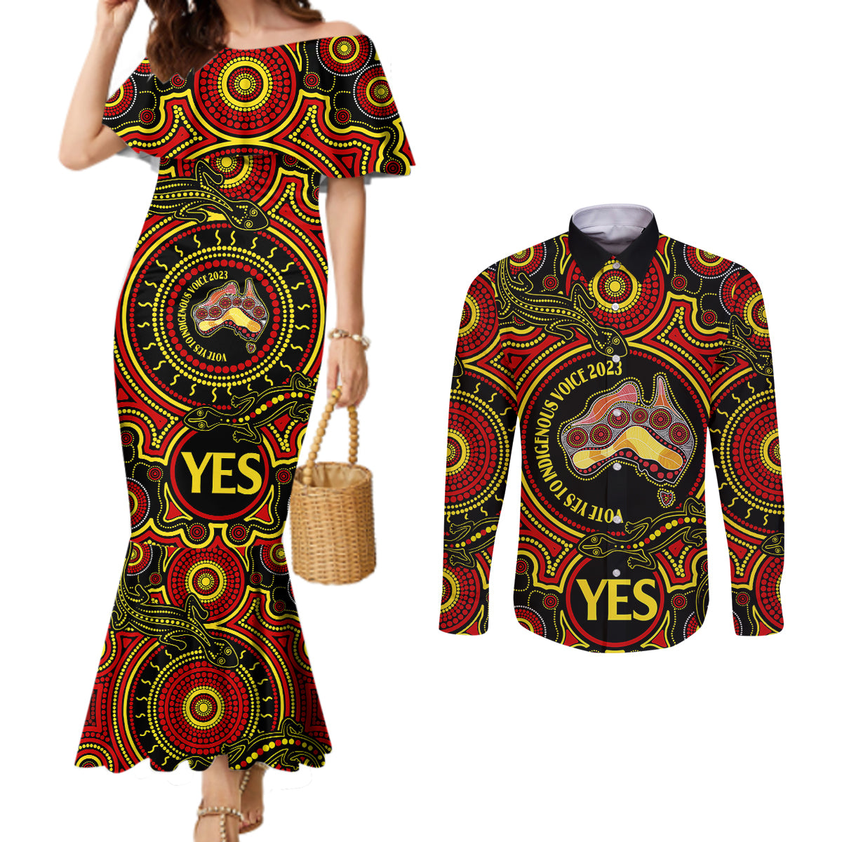 australia-vote-yes-couples-matching-mermaid-dress-and-long-sleeve-button-shirts-indigenous-voice-2023-maps-to-parliament-australia