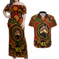 australia-vote-yes-couples-matching-off-shoulder-maxi-dress-and-hawaiian-shirt-indigenous-voice-2023-maps-to-parliament-australia