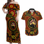 australia-vote-yes-couples-matching-off-shoulder-maxi-dress-and-hawaiian-shirt-indigenous-voice-2023-maps-to-parliament-australia