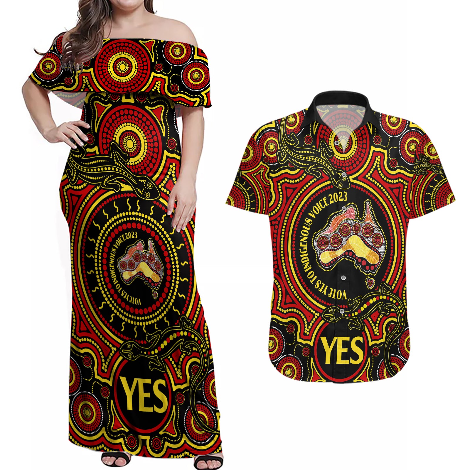 australia-vote-yes-couples-matching-off-shoulder-maxi-dress-and-hawaiian-shirt-indigenous-voice-2023-maps-to-parliament-australia