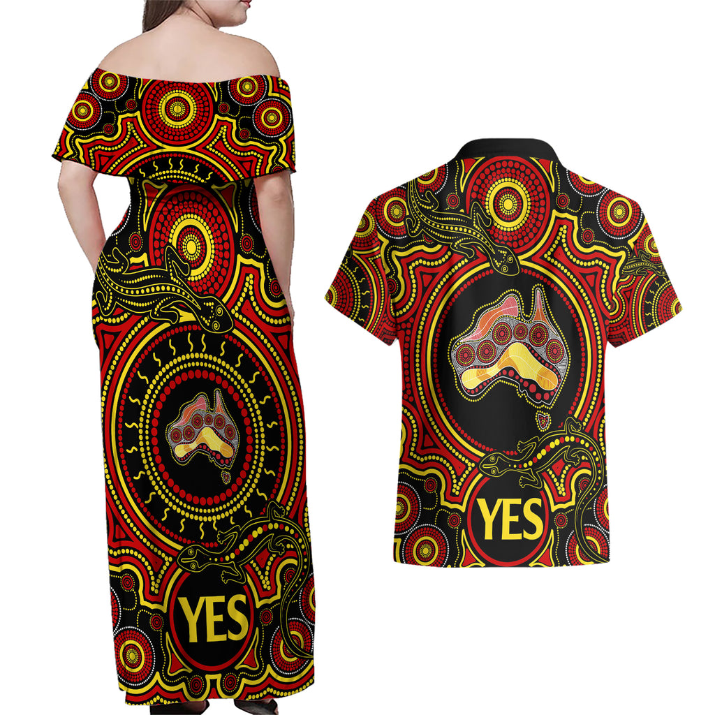 australia-vote-yes-couples-matching-off-shoulder-maxi-dress-and-hawaiian-shirt-indigenous-voice-2023-maps-to-parliament-australia