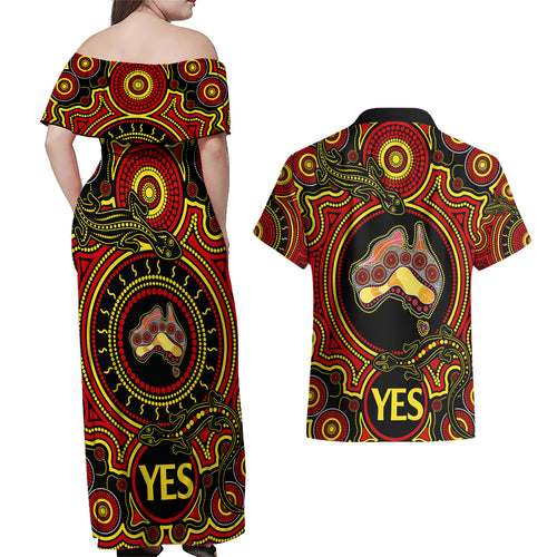 australia-vote-yes-couples-matching-off-shoulder-maxi-dress-and-hawaiian-shirt-indigenous-voice-2023-maps-to-parliament-australia