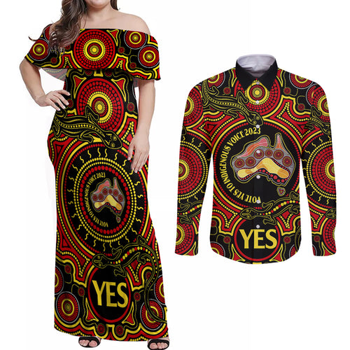 australia-vote-yes-couples-matching-off-shoulder-maxi-dress-and-long-sleeve-button-shirts-indigenous-voice-2023-maps-to-parliament-australia
