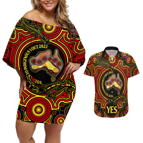 australia-vote-yes-couples-matching-off-shoulder-short-dress-and-hawaiian-shirt-indigenous-voice-2023-maps-to-parliament-australia
