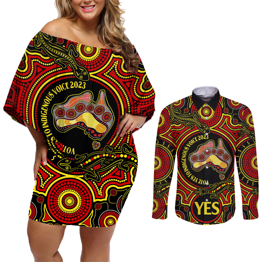 australia-vote-yes-couples-matching-off-shoulder-short-dress-and-long-sleeve-button-shirts-indigenous-voice-2023-maps-to-parliament-australia