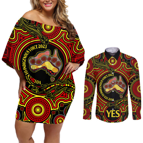 australia-vote-yes-couples-matching-off-shoulder-short-dress-and-long-sleeve-button-shirts-indigenous-voice-2023-maps-to-parliament-australia