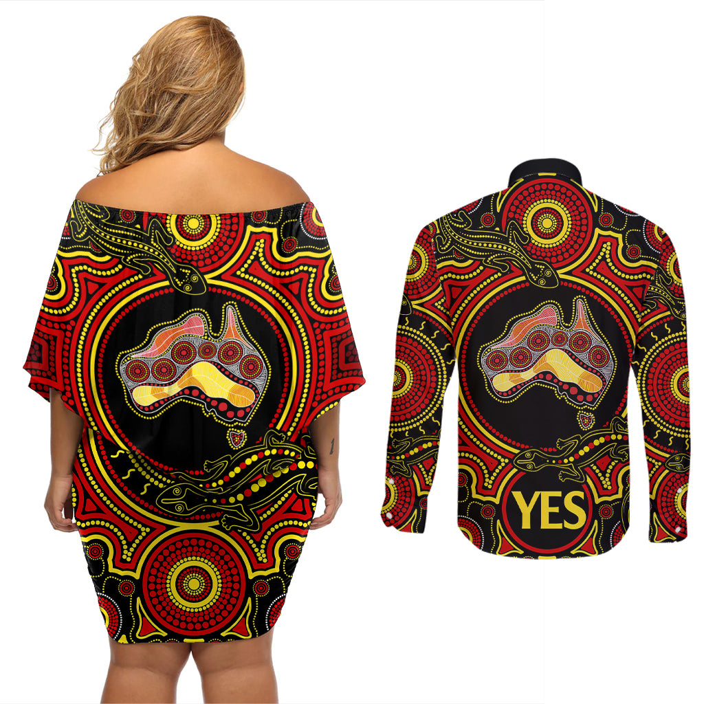 australia-vote-yes-couples-matching-off-shoulder-short-dress-and-long-sleeve-button-shirts-indigenous-voice-2023-maps-to-parliament-australia