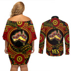 australia-vote-yes-couples-matching-off-shoulder-short-dress-and-long-sleeve-button-shirts-indigenous-voice-2023-maps-to-parliament-australia