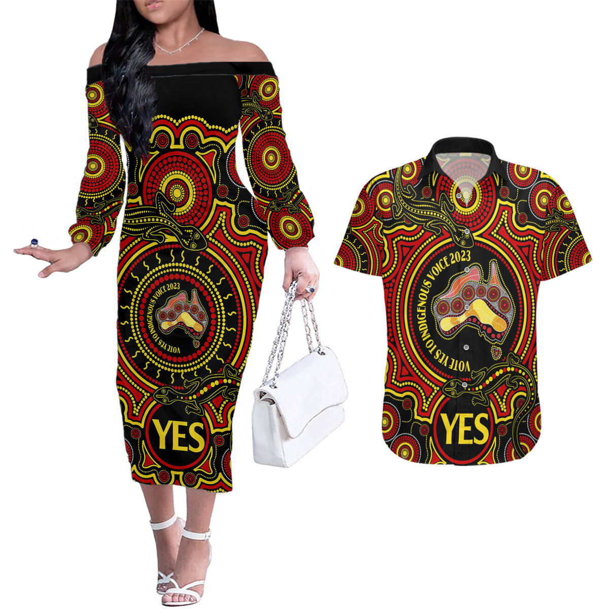 australia-vote-yes-couples-matching-off-the-shoulder-long-sleeve-dress-and-hawaiian-shirt-indigenous-voice-2023-maps-to-parliament-australia