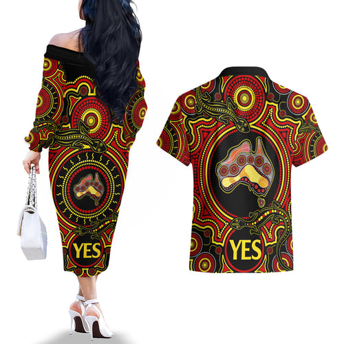 australia-vote-yes-couples-matching-off-the-shoulder-long-sleeve-dress-and-hawaiian-shirt-indigenous-voice-2023-maps-to-parliament-australia