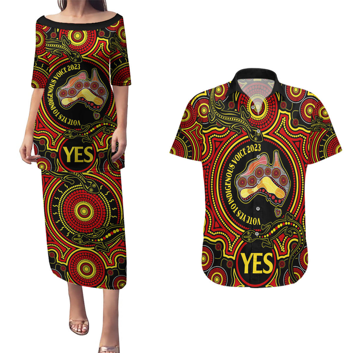 australia-vote-yes-couples-matching-puletasi-dress-and-hawaiian-shirt-indigenous-voice-2023-maps-to-parliament-australia