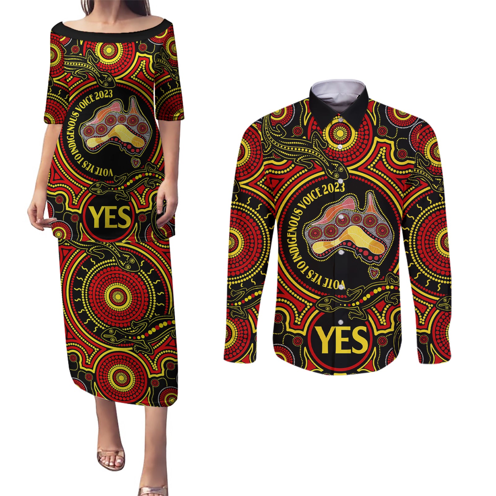 australia-vote-yes-couples-matching-puletasi-dress-and-long-sleeve-button-shirts-indigenous-voice-2023-maps-to-parliament-australia