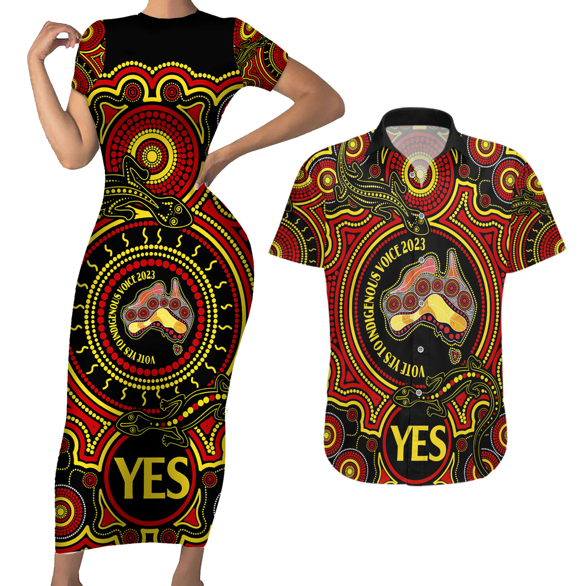 australia-vote-yes-couples-matching-short-sleeve-bodycon-dress-and-hawaiian-shirt-indigenous-voice-2023-maps-to-parliament-australia