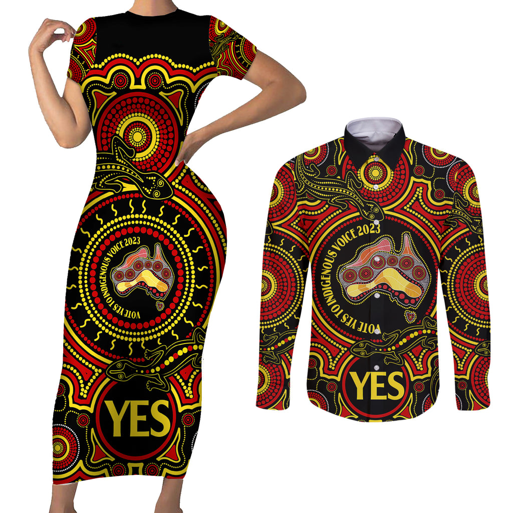 australia-vote-yes-couples-matching-short-sleeve-bodycon-dress-and-long-sleeve-button-shirts-indigenous-voice-2023-maps-to-parliament-australia