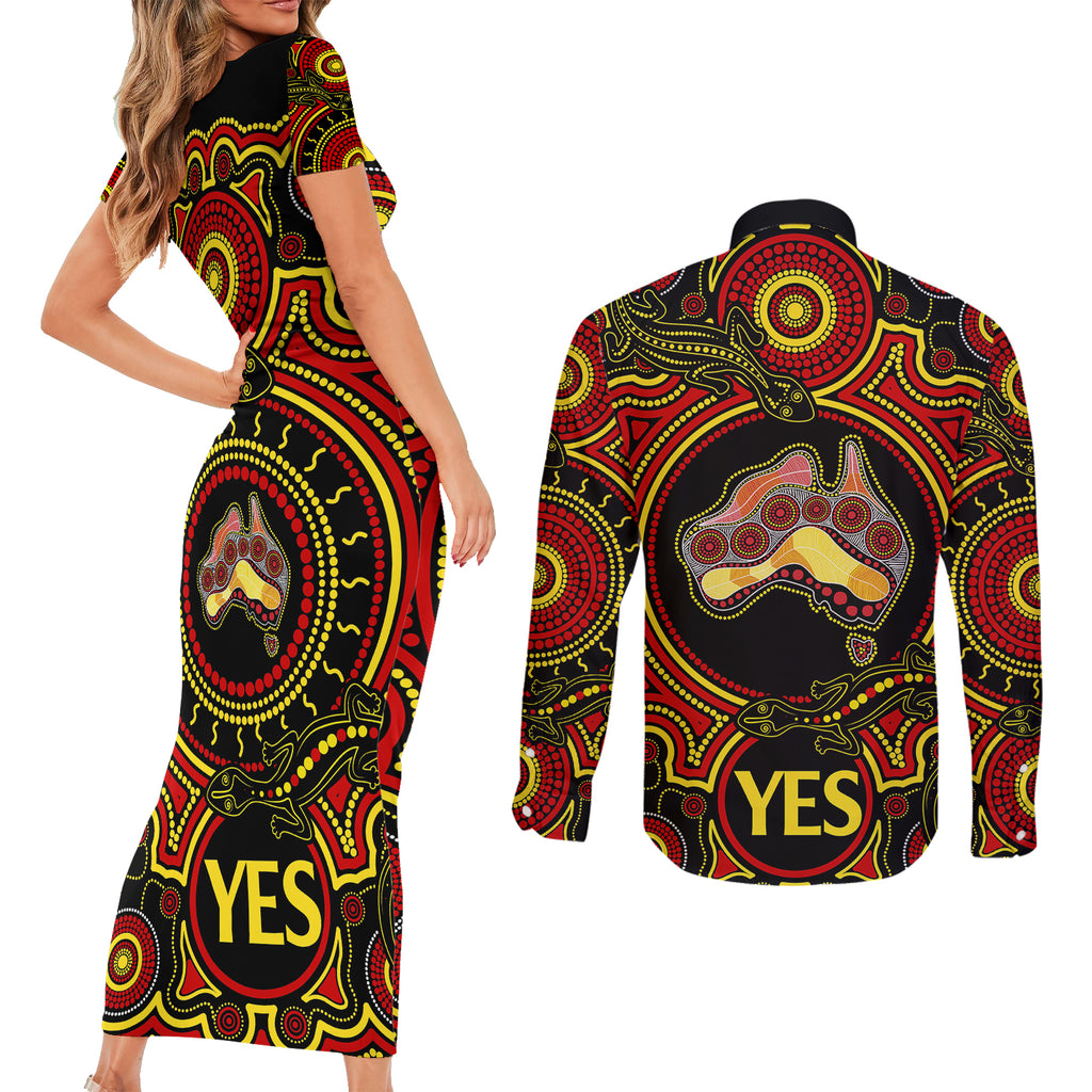 australia-vote-yes-couples-matching-short-sleeve-bodycon-dress-and-long-sleeve-button-shirts-indigenous-voice-2023-maps-to-parliament-australia