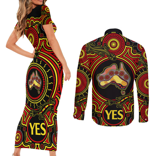 australia-vote-yes-couples-matching-short-sleeve-bodycon-dress-and-long-sleeve-button-shirts-indigenous-voice-2023-maps-to-parliament-australia