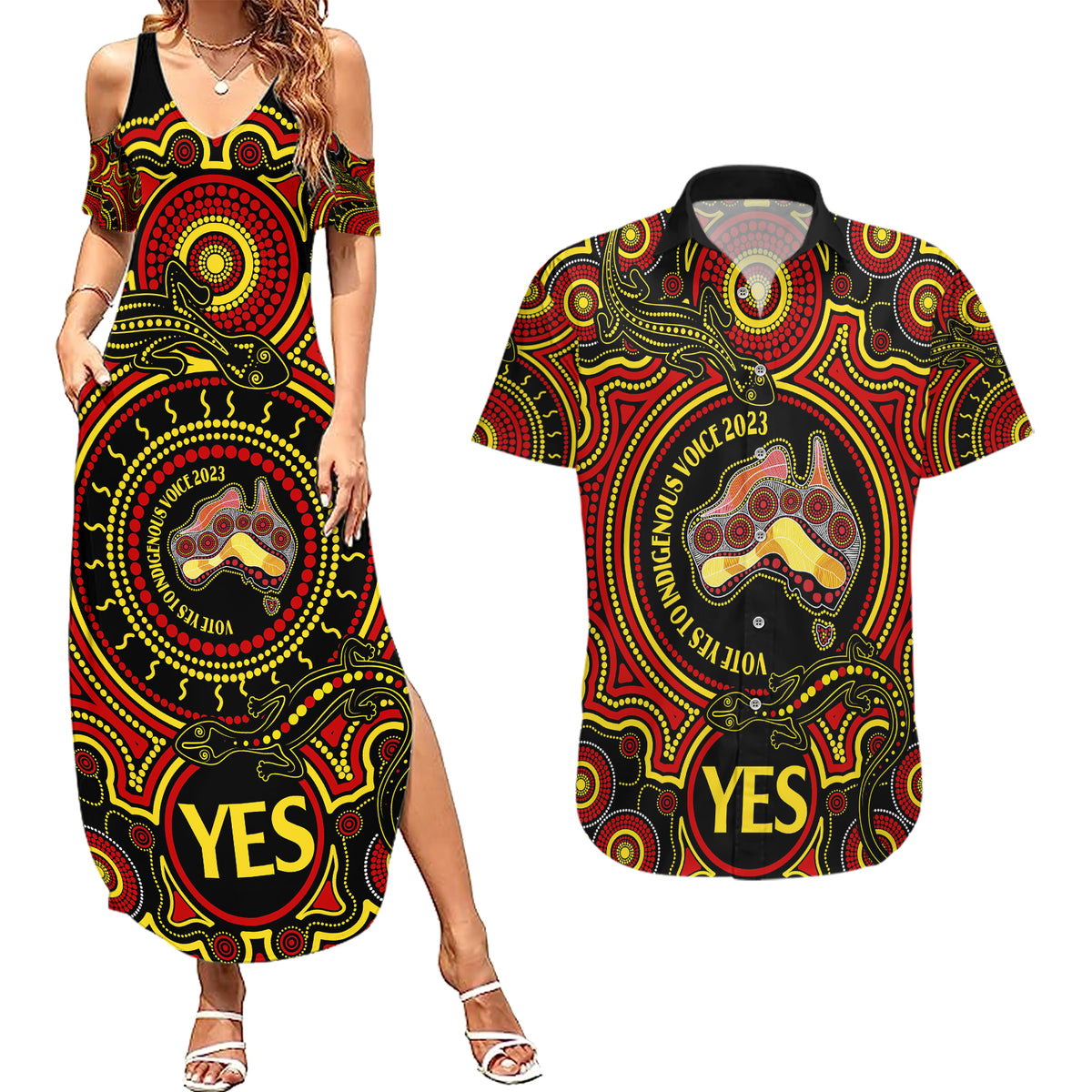 australia-vote-yes-couples-matching-summer-maxi-dress-and-hawaiian-shirt-indigenous-voice-2023-maps-to-parliament-australia