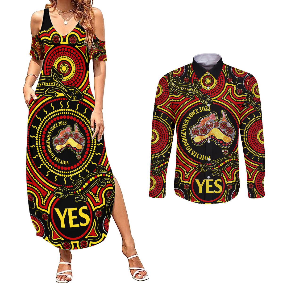 australia-vote-yes-couples-matching-summer-maxi-dress-and-long-sleeve-button-shirts-indigenous-voice-2023-maps-to-parliament-australia