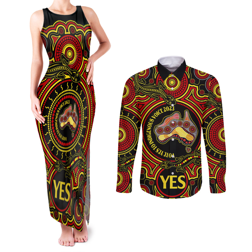 australia-vote-yes-couples-matching-tank-maxi-dress-and-long-sleeve-button-shirts-indigenous-voice-2023-maps-to-parliament-australia