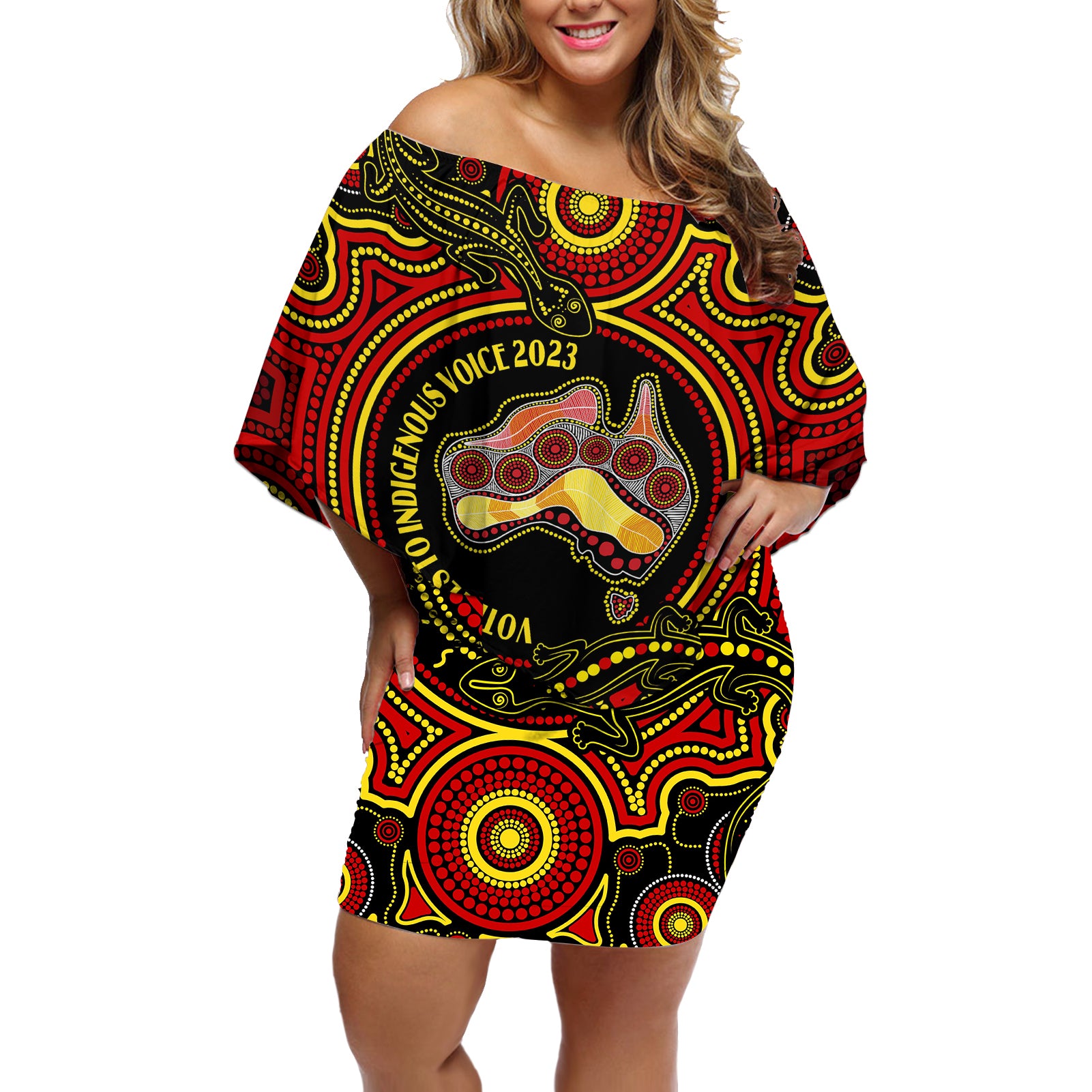 australia-vote-yes-off-shoulder-short-dress-indigenous-voice-2023-maps-to-parliament-australia