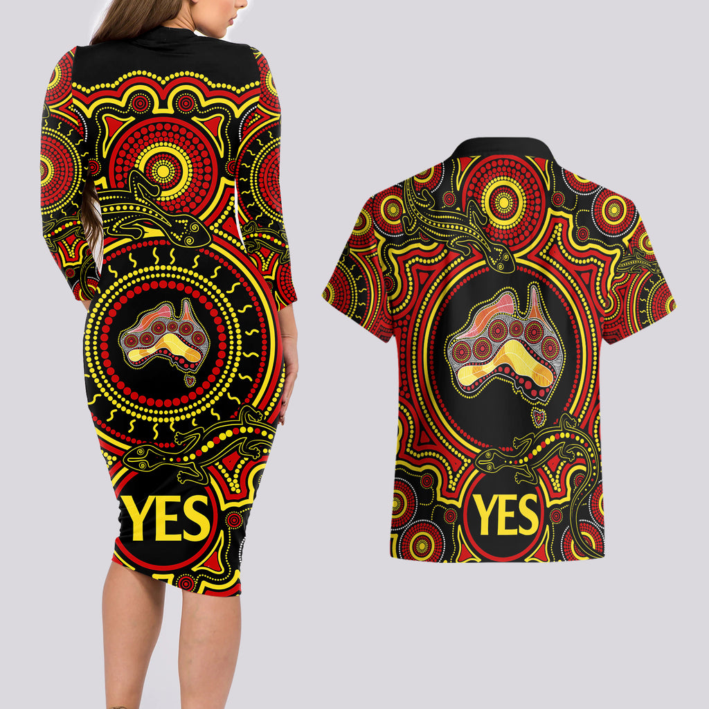 personalised-australia-vote-yes-couples-matching-long-sleeve-bodycon-dress-and-hawaiian-shirt-indigenous-voice-2023-maps-to-parliament-australia