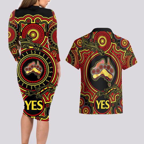 personalised-australia-vote-yes-couples-matching-long-sleeve-bodycon-dress-and-hawaiian-shirt-indigenous-voice-2023-maps-to-parliament-australia