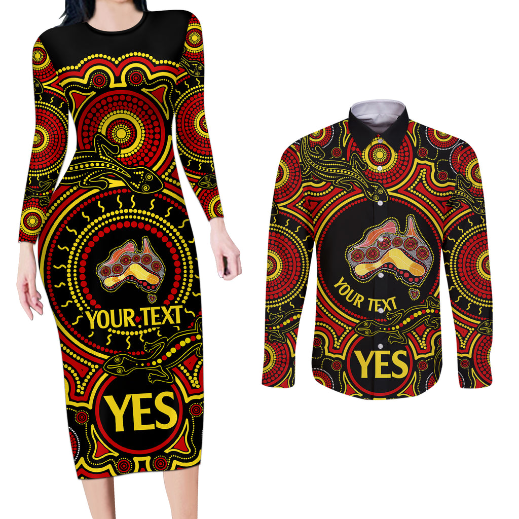 personalised-australia-vote-yes-couples-matching-long-sleeve-bodycon-dress-and-long-sleeve-button-shirts-indigenous-voice-2023-maps-to-parliament-australia