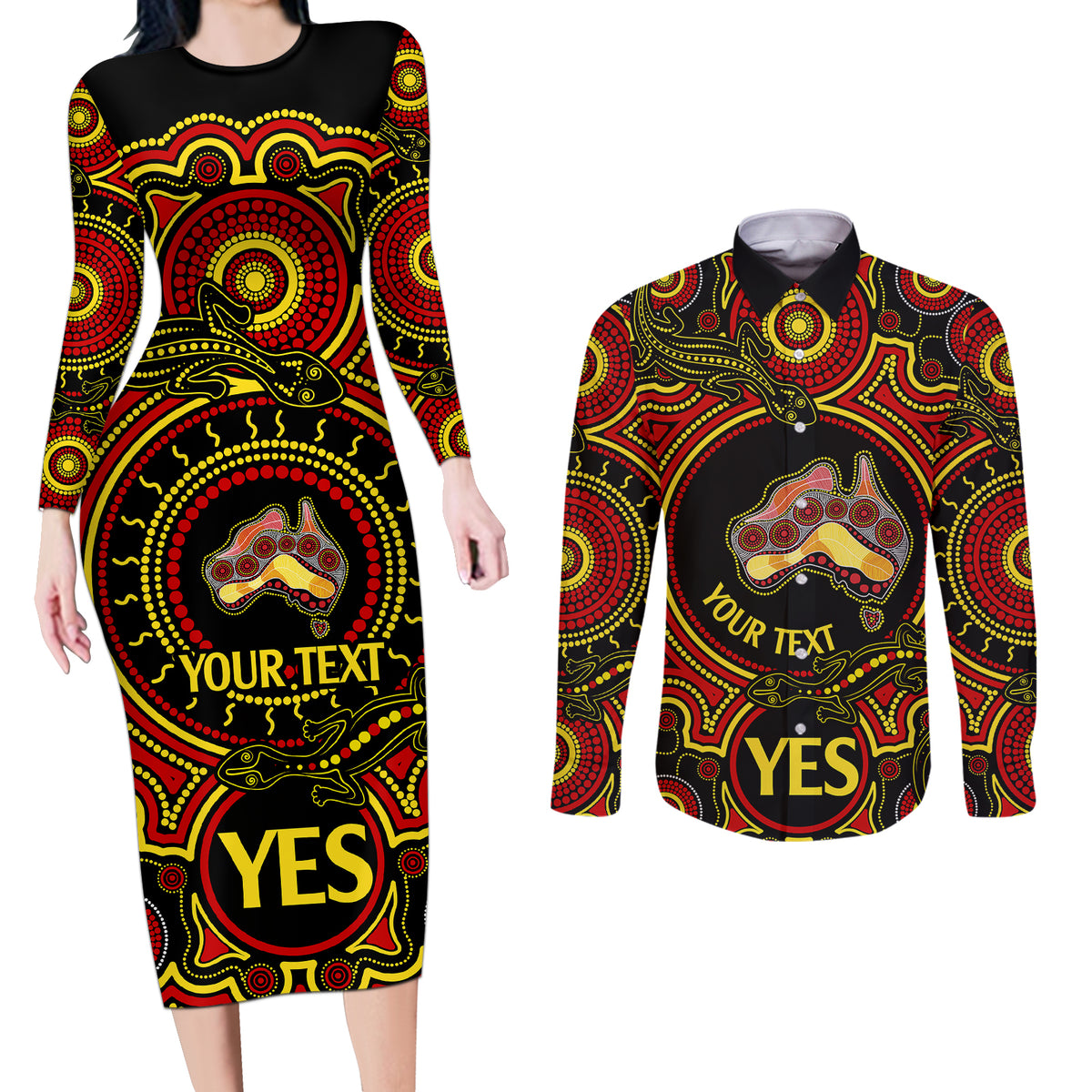 personalised-australia-vote-yes-couples-matching-long-sleeve-bodycon-dress-and-long-sleeve-button-shirts-indigenous-voice-2023-maps-to-parliament-australia