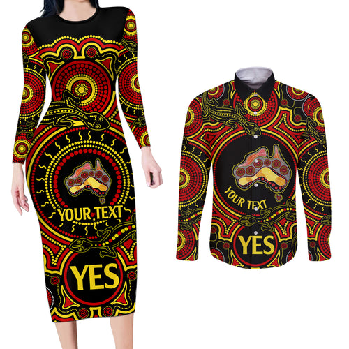 personalised-australia-vote-yes-couples-matching-long-sleeve-bodycon-dress-and-long-sleeve-button-shirts-indigenous-voice-2023-maps-to-parliament-australia