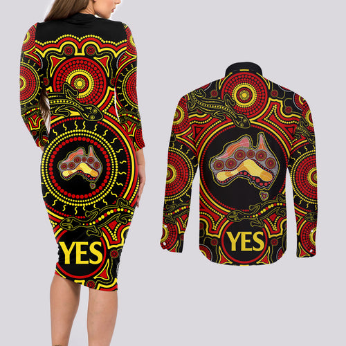 personalised-australia-vote-yes-couples-matching-long-sleeve-bodycon-dress-and-long-sleeve-button-shirts-indigenous-voice-2023-maps-to-parliament-australia