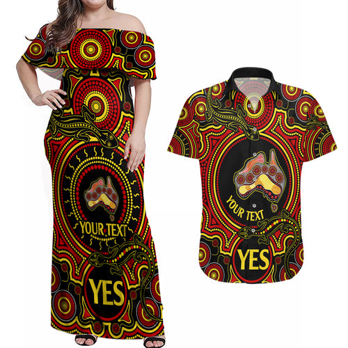 personalised-australia-vote-yes-couples-matching-off-shoulder-maxi-dress-and-hawaiian-shirt-indigenous-voice-2023-maps-to-parliament-australia