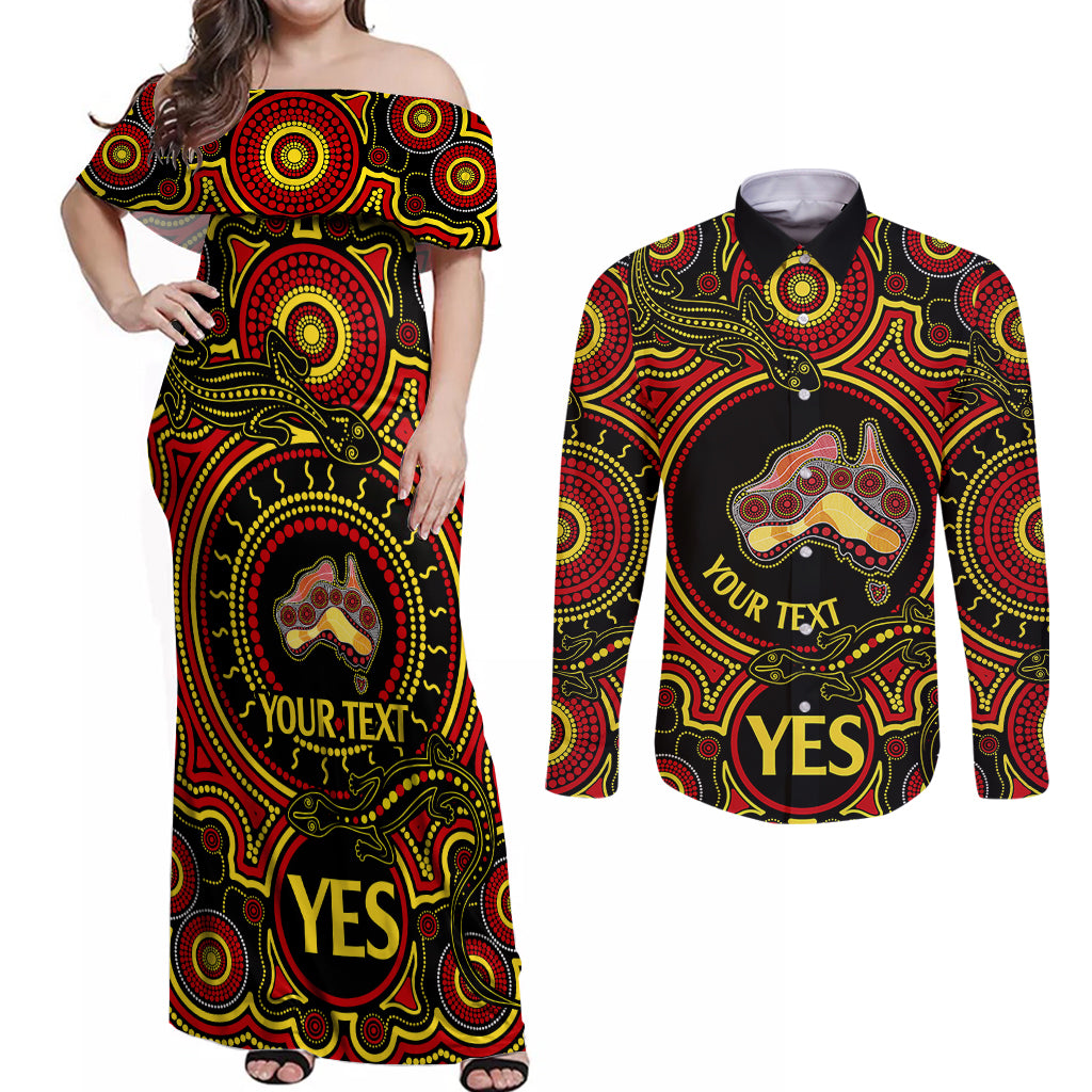 personalised-australia-vote-yes-couples-matching-off-shoulder-maxi-dress-and-long-sleeve-button-shirts-indigenous-voice-2023-maps-to-parliament-australia