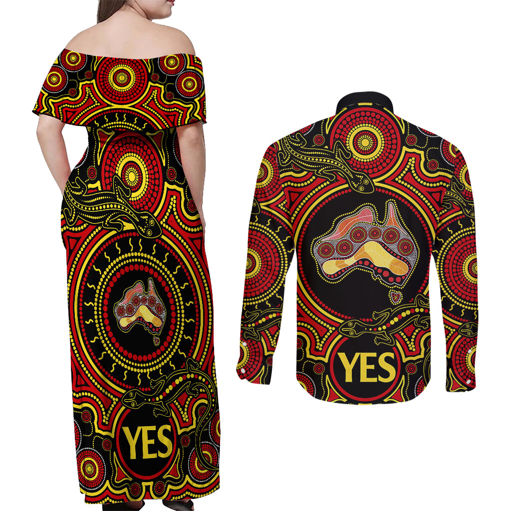 personalised-australia-vote-yes-couples-matching-off-shoulder-maxi-dress-and-long-sleeve-button-shirts-indigenous-voice-2023-maps-to-parliament-australia