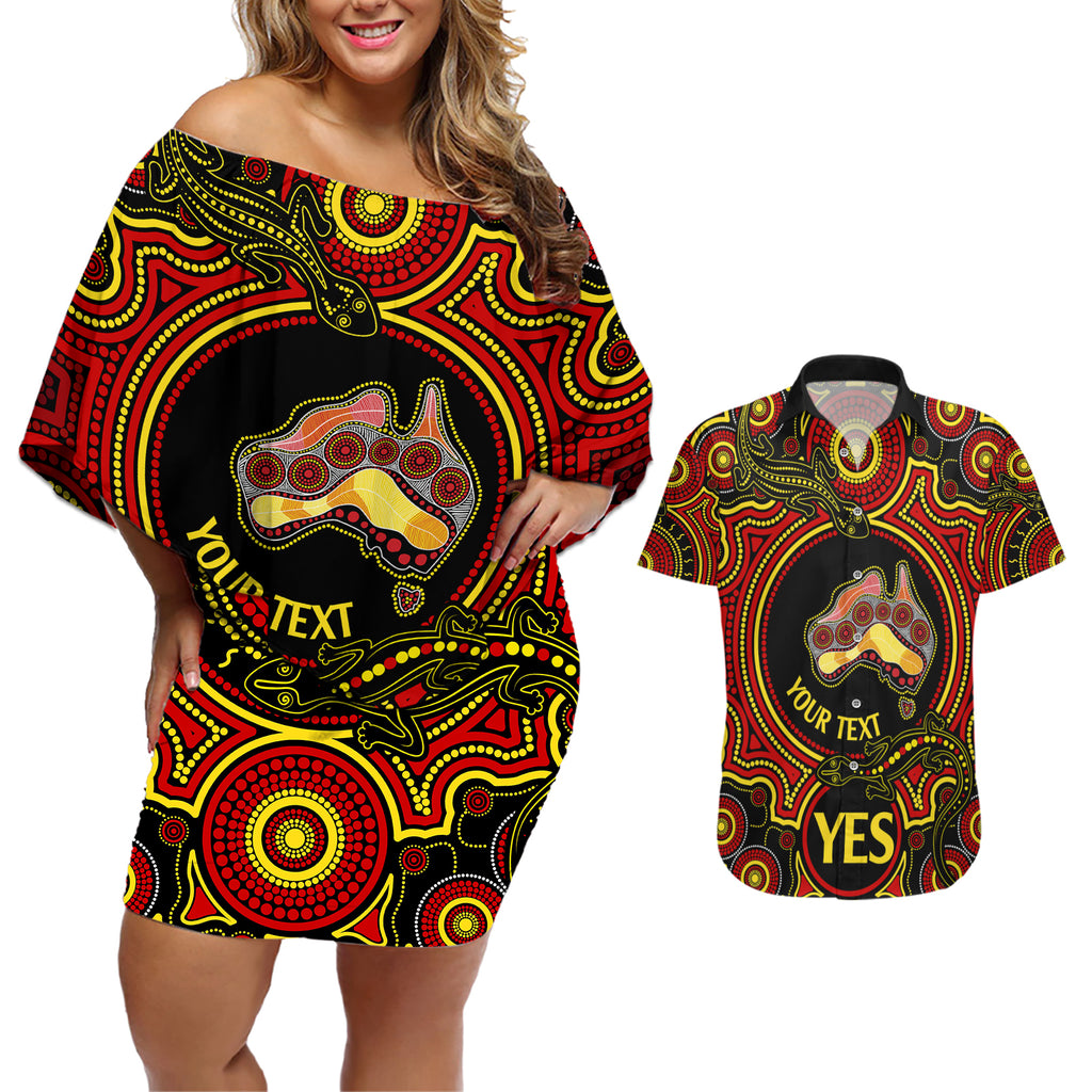 personalised-australia-vote-yes-couples-matching-off-shoulder-short-dress-and-hawaiian-shirt-indigenous-voice-2023-maps-to-parliament-australia