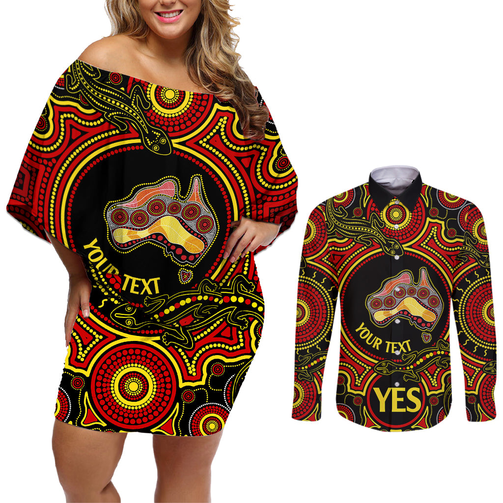 personalised-australia-vote-yes-couples-matching-off-shoulder-short-dress-and-long-sleeve-button-shirts-indigenous-voice-2023-maps-to-parliament-australia