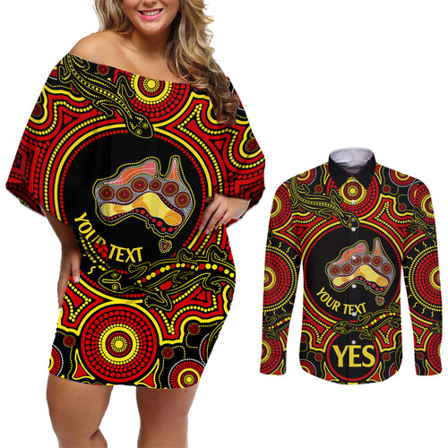 personalised-australia-vote-yes-couples-matching-off-shoulder-short-dress-and-long-sleeve-button-shirts-indigenous-voice-2023-maps-to-parliament-australia