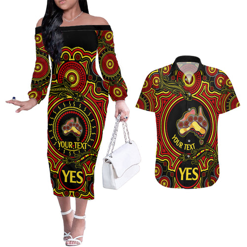 personalised-australia-vote-yes-couples-matching-off-the-shoulder-long-sleeve-dress-and-hawaiian-shirt-indigenous-voice-2023-maps-to-parliament-australia
