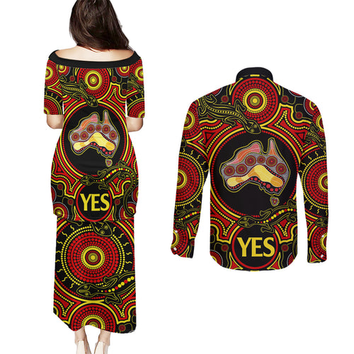 personalised-australia-vote-yes-couples-matching-puletasi-dress-and-long-sleeve-button-shirts-indigenous-voice-2023-maps-to-parliament-australia