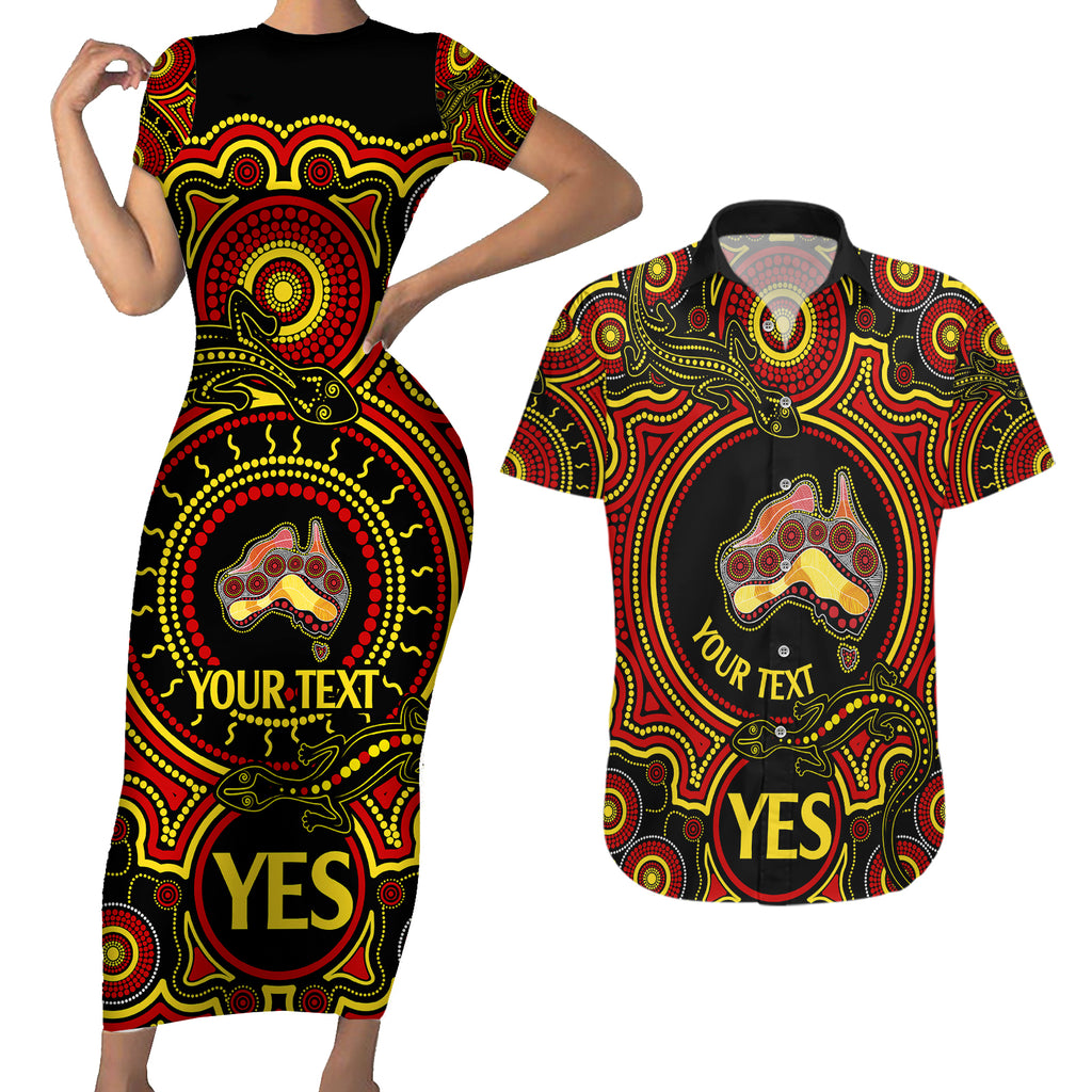 personalised-australia-vote-yes-couples-matching-short-sleeve-bodycon-dress-and-hawaiian-shirt-indigenous-voice-2023-maps-to-parliament-australia